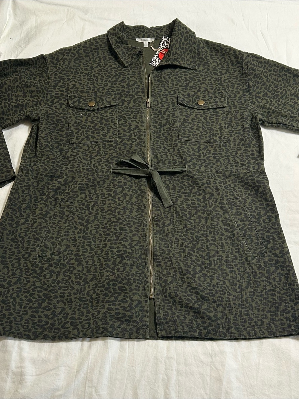 Jodifl Olive Leopard Print Utility Jacket Size S Drawstring Waist Zip Front - Picture 5 of 10